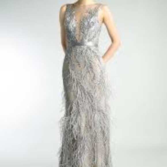 BASIX BLACK LABEL D9098L ILLUSION BURNOUT FEATHERED SLEEVELESS GOWN Silver - Picture 1 of 16